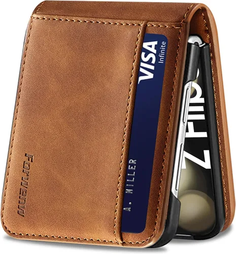 Vista 28 de Funda de piel con tapa para Samsung Galaxy Z Flip 3, con protección de bisagra, delgada y magnética tipo cartera [1 tarjetero], funda protectora a