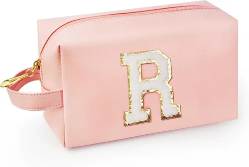 Vista 67 de Bolsa de maquillaje personalizada con inicial con asa, bolsa de cosméticos de preparación con bolsillo interior con cremallera, 8, 9, 10, 11, 12 Rosa