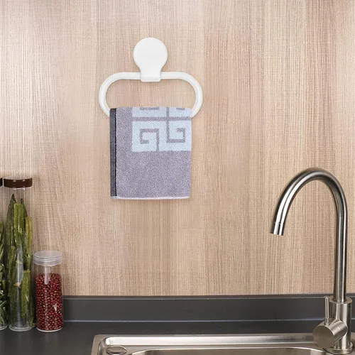 Vista 7 de Toallero adhesivo, soporte de toalla de mano blanco para montaje en pared, anillo ovalado de plástico para baño