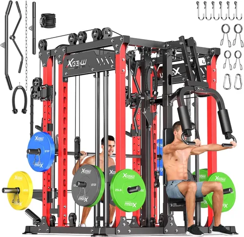Vista 49 de Rack Multiusos para Sentadillas, Conjunto de Rack de Pesas Smith Machine con Sistema de Crossover de Cables, Racks de Potencia para Gimnasio
