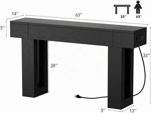 Vista 2 de Mesa consola de 63 pulgadas de largo con salidas y puertos USB, mesa rectangular estrecha para sofá detrás del sofá, mesa de entrada de granja