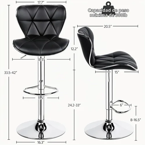 Vista 3 de Yaheetech Juego de 2 taburetes de bar, taburetes de bar ajustables de piel sintética con respaldo de concha, sillas de bar con reposapiés para Negro