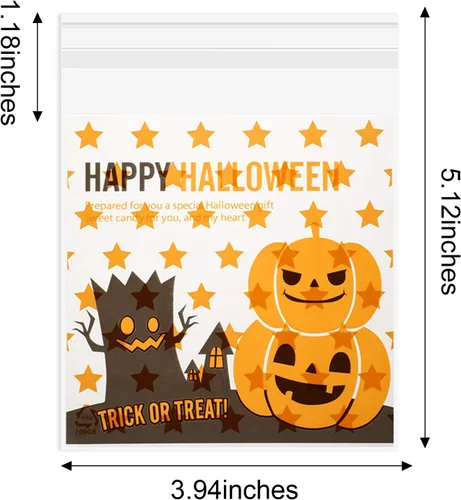 Vista 3 de Boao 100 bolsas de golosinas de Halloween, bolsas transparentes autoadhesivas para dulces, calabaza a granel, celofán, bolsa de plástico