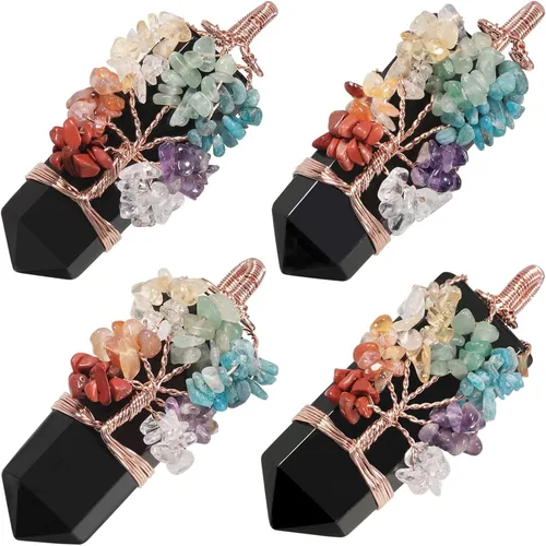 Vista 5 de TUMBEELLUWA Collar con colgante de árbol de 7 chakras unisex, alambre de cobre envuelto en 6 facetas con piedra de cristal con dije de amuleto