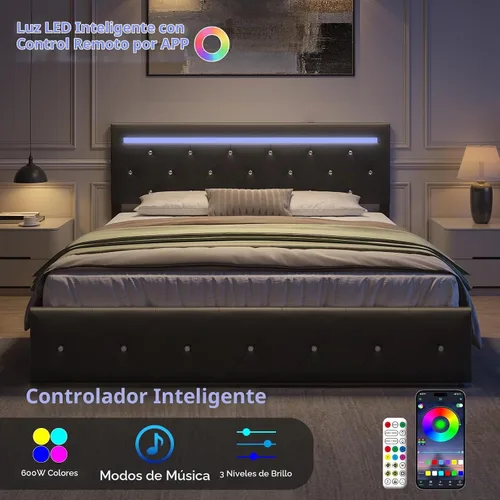 Vista 3 de Benevika Base de cama de tamaño completo con 4 cajones y estación de carga, cama tapizada de cuero PU con cabecera LED ajustable, soporte de Negro