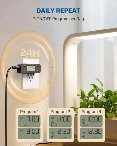 Vista 2 de DEWENWILS Temporizador Digital Programable de 24 Horas con 1 Enchufe con Conexión a Tierra, Temporizadores para Enchufes Eléctricos, Temporizador
