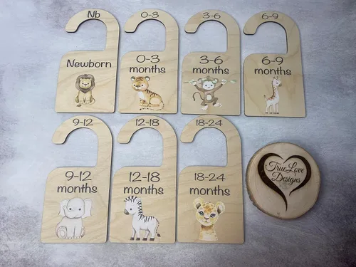 Vista 2 de TrueLove Designs 7pc Safari Animal Baby Closet Dividers Wooden Baby Wardrobe Hanger Organizer from Newborn to 24 Months with Printed Design Infant