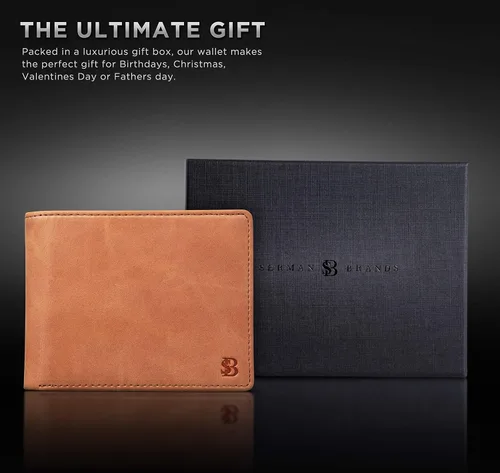 Vista 11 de SERMAN BRANDS Billetera de piel con 2 ventanas de identificación para hombre, con bloqueo RFID, doble tapa superior, billetera de viaje de capacidad