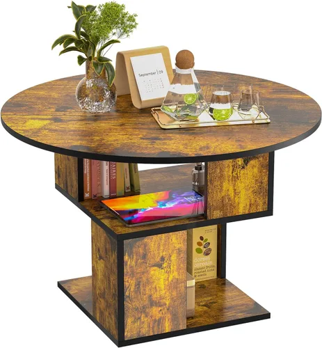 Vista 8 de Elephance Mesa de centro redonda con almacenamiento, mesa de centro de 3 niveles para sala de estar, mesa de madera marrón caramelo con marco negro