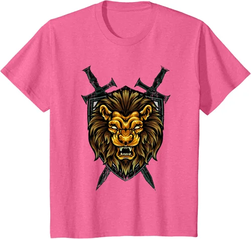 Vista 38 de Camiseta con diseño de caballero medieval renacentista, con diseño de espada de león, Negro, S