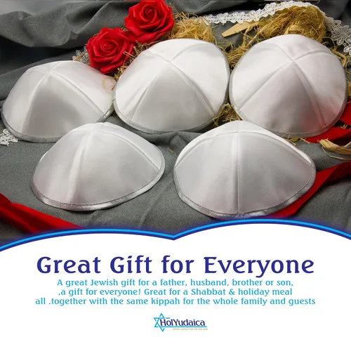 Vista 3 de HolYudaica Paquete de 5 piezas Hq SatinLinoVelvetSeda CrudaGamuza Kippah para hombre, sombrero Yamaka diseñado en Israel Kippot Bulk