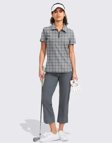Vista 6 de Viodia Camisa de golf para mujer, manga corta, con cremallera, de secado rápido, elástica, con cuello de tenis, ropa de golf