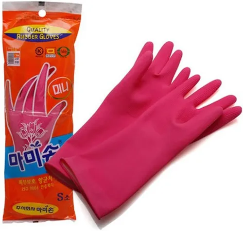 Vista 6 de Guantes de goma de cocina de calidad Mamison (1 par, pequeño). Guantes de goma de látex natural reutilizables y antideslizantes para cocina