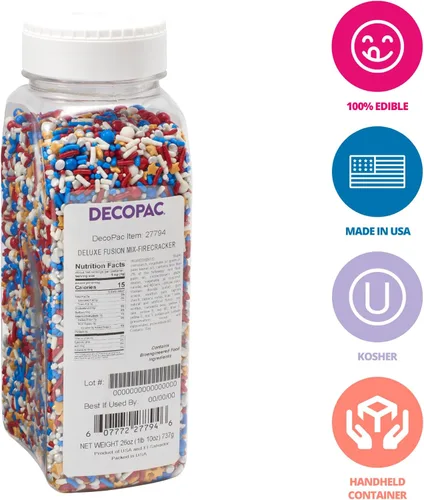 Vista 2 de DecoPac Firecracker Deluxe Fusion Mix, 26 onzas, Gránulos de fantasía patrióticos comestibles en recipiente de mano, Gránulos comestibles