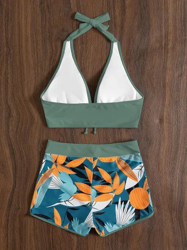 Vista 2 de MakeMeChic Conjunto de bikini de 2 piezas con parte superior halter y estampado floral para mujer