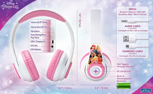 Vista 6 de eKids Disney Princess - Auriculares Bluetooth con EZ Link+, auriculares inalámbricos con micrófono y cable de audio, auriculares para niños