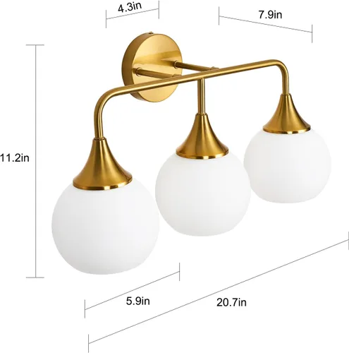 Vista 3 de Modernas luces doradas para tocador de baño, lámparas de baño de 3 luces sobre espejo con pantalla de vidrio blanco leche, aplique de pared moderno