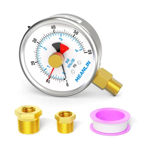 Vista 12 de MEANLIN MEASURE Manómetro de Presión de Acero Inoxidable 0~10 Psi 1/4" NPT Carátula de 2.5" con Puntero de Reinicio Relleno de Líquido WOG Agua