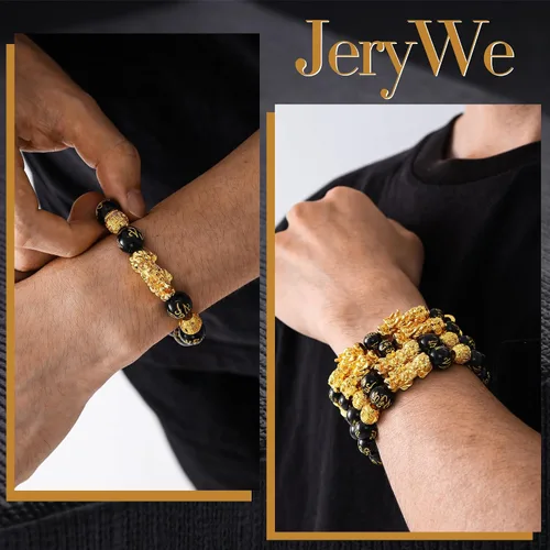 Vista 4 de JeryWe Pulseras de cuentas Feng Shui para hombres y mujeres, pulseras de buena suerte con dragón Pixiu, juego de pulseras estilo chino, joyería Feng
