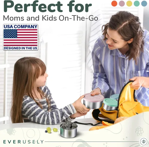Vista 3 de Recipientes de alimentos de acero inoxidable, cajas de almuerzo de metal, juego de 5, brillantes Everusely lunch containers feature colorful lids