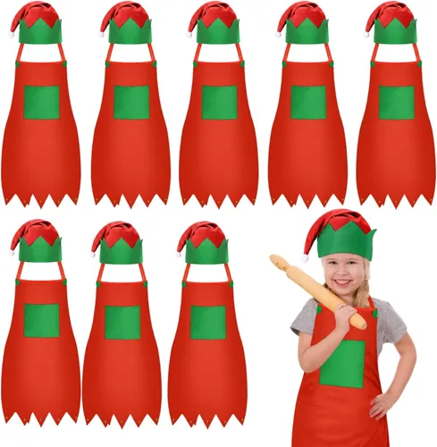 Vista 10 de Handepo - Conjunto de delantal y gorro de elfo navideño para niños, sombreros de Papá Noel para niños, suministros de fiesta navideña para niños