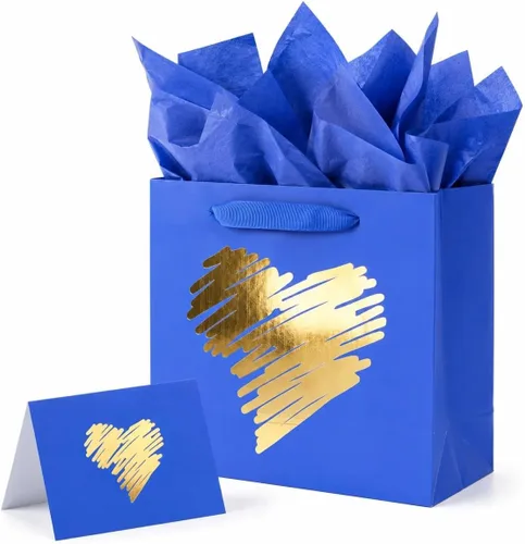 Vista 6 de ysmile Pequeña bolsa de regalo negra con papel de seda para hombres, fiesta de cumpleaños, aniversario, día del padre, 7.8 pulgadas, corazón dorado