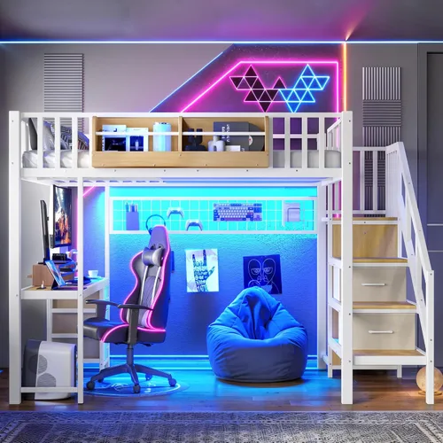 Vista 9 de MERITLINE Cama loft para juegos de tamaño matrimonial con escritorio y Negro