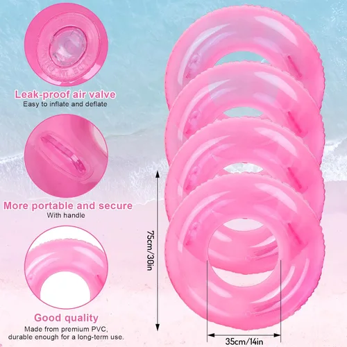Vista 2 de FYSUIMU 4 flotadores inflables para piscina con asas, anillos de natación rosa transparente, tubos de piscina para adultos, adolescentes, piscina