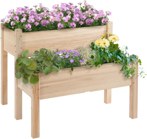 Vista 13 de Outsunny - Jardinera elevada de madera con estante de almacenamiento, orificios de drenaje y forro para el patio trasero, la terraza, el balcón, 47
