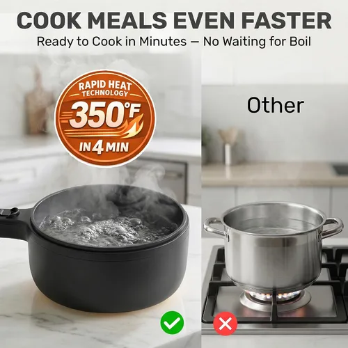 Vista 5 de Ceramax PRO Olla Eléctrica Caliente con Tapa y Vaporera, Sartén de Cocina de Cerámica No Tóxica de 1.5L para Ramen, Huevos, Pasta, Portátil