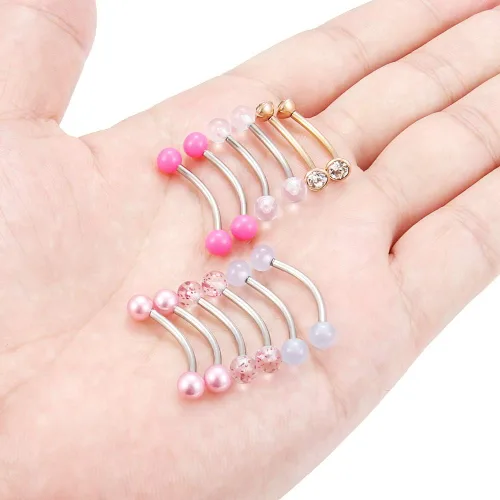 Vista 3 de SCERRING 6 pares de mancuernas curvadas de acero inoxidable 14G con ojos de serpiente lengua pezón pezón piercing para joyas bolas de acrílico