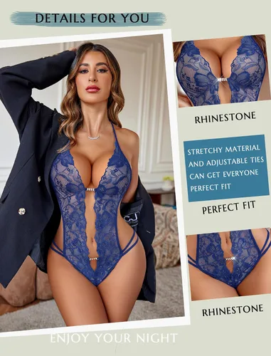 Vista 4 de Avidlove - Body de lencería de una pieza para mujer, diseño de encaje sexy con escote en V profundo, babydoll, ropa de dormir, tallas XS a XXXL