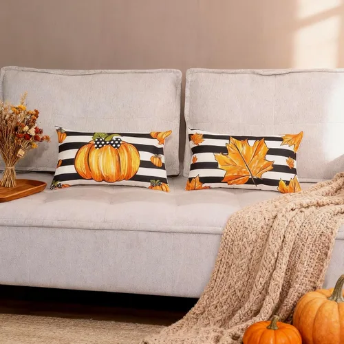 Vista 2 de Juego de 2 fundas de almohada de calabaza otoñal de 12 x 20 pulgadas, fundas de almohada decorativas de otoño con rayas de arce para sofá