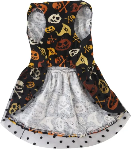 Vista 2 de Disfraz de calabaza para perros pequeños, diseño de calavera naranja y negro, para Halloween, talla S