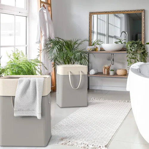 Vista 8 de Simple Houseware Cesta plegable para ropa sucia de 75 L, cesta rectangular de algodón con cierre de cordón y asas, color gris