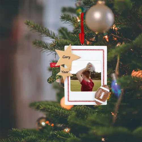 Vista 2 de Marco de fotos de fútbol 2026, adorno de fotos personalizado de Navidad, decoración de estrella de fútbol para árbol de Navidad y escritorio, adorno