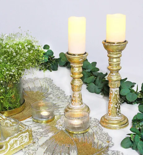 Vista 6 de Portavelas de madera maciza – Juego de 3 candelabros tallados a mano – Centro de mesa bohemio rústico para otoño, Acción de Gracias, Navidad, día