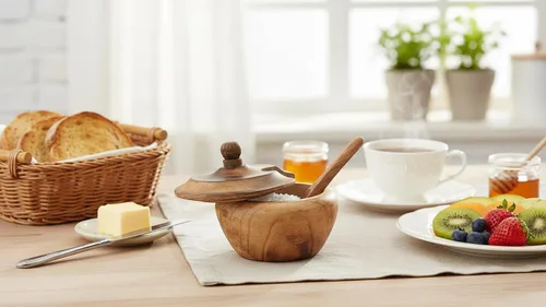 Vista 4 de Azucarero decorativo de madera rústica y cuchara con tapa de boca ancha para dulces y especias para condimentos, frutos secos, recipiente