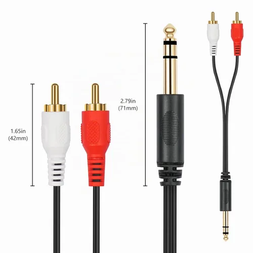 Vista 3 de Conector estéreo TRS macho chapado en oro de 0.250 in 1/4 pulgadas a 2 RCA Phono macho Audio Y Splitter Cable, conector de cable (4.9 ft)