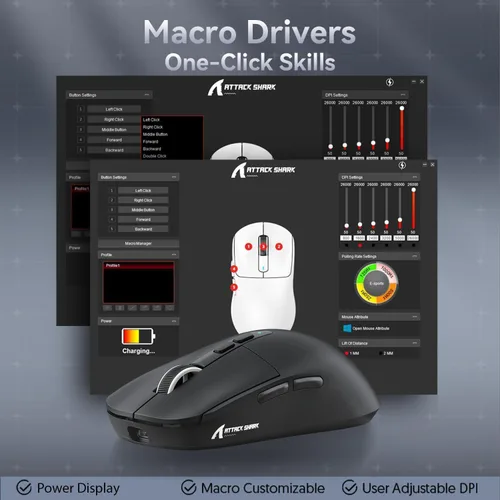 Vista 9 de ATTACK SHARK X6 - Mouse inalámbrico ligero para juegos con base de carga de retroiluminación RGB, cable trimodo/2.4GHz/BT5.2, 26K DPI, sensor óptico