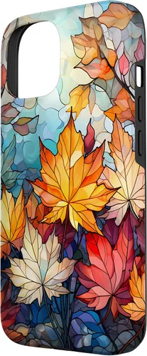 Vista 2 de iPhone 15 Otoño hojas de arce vitrales estilo abstracto caso