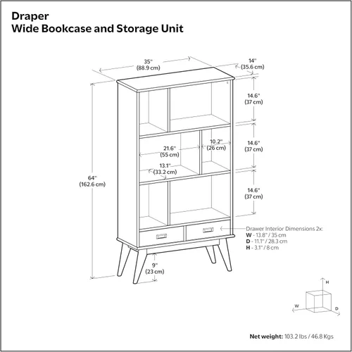 Vista 3 de SIMPLIHOME Draper - Estantería de madera maciza de 64 pulgadas de alto Rubio