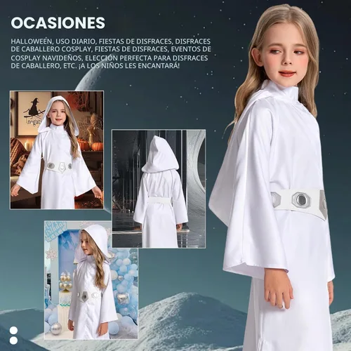 Vista 6 de Disfraz de princesa para niñas, túnica blanca con capucha, traje de Halloween