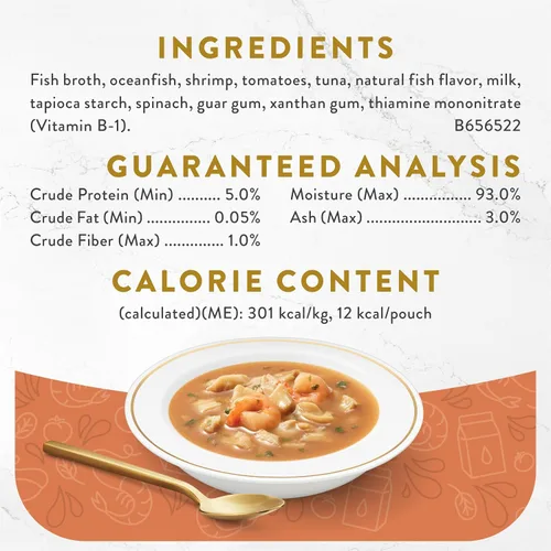 Vista 5 de Purina Fancy Feast Lickable - Aderezo en caldo de alimento húmedo para gatos con crema de mariscos y camarones (paquete de 16 unidades) bolsitas
