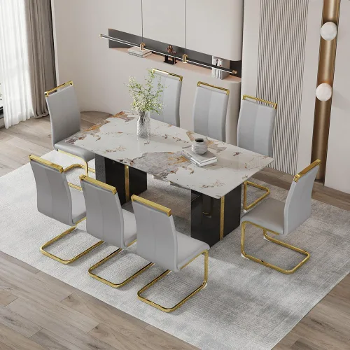 Vista 27 de Mesa de comedor moderna para mesa de comedor de mármol sintético blanco de 6, 8, 71 pulgadas, con patas negras y doradas, mesa de cocina rectangular
