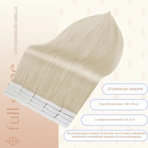 Vista 3 de Full Shine - Extensiones adhesivas de cabello humano de 20 pulgadas, extensiones de cabello con cinta invisible, color 1000 rubio hielo, sin