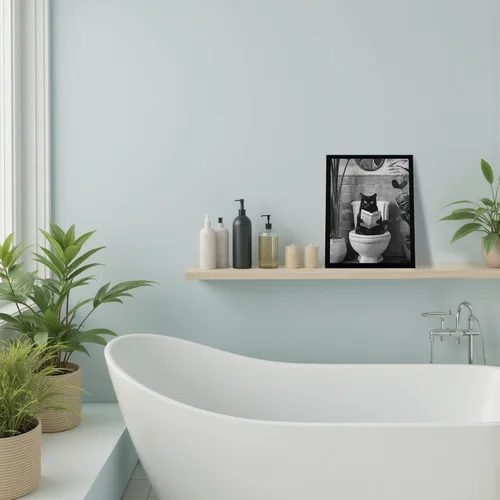 Vista 4 de SYWENNOI Arte de Pared en Lienzo Enmarcado en Blanco y Negro para Baño, Divertido Gato Negro Sentado en el Inodoro Leyendo Periódico Decoración
