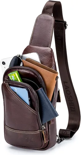 Vista 7 de Hebetag Bolso bandolera de cuero casual para hombres y mujeres para viajes al aire libre paquete de pecho
