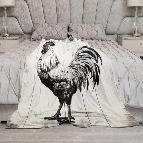 Vista 6 de Manta de microfibra suave y acogedora con diseño de gallo rústico en blanco y negro, suave y acogedora manta de microfibra para sofá, cama, oficina