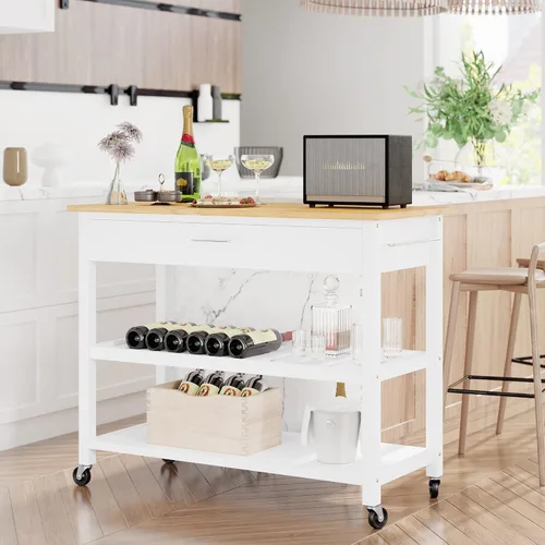 Vista 10 de Shintenchi Isla de cocina con hoja plegable, mesa de isla enrollable con almacenamiento, armario de cocina con ruedas con área de asiento